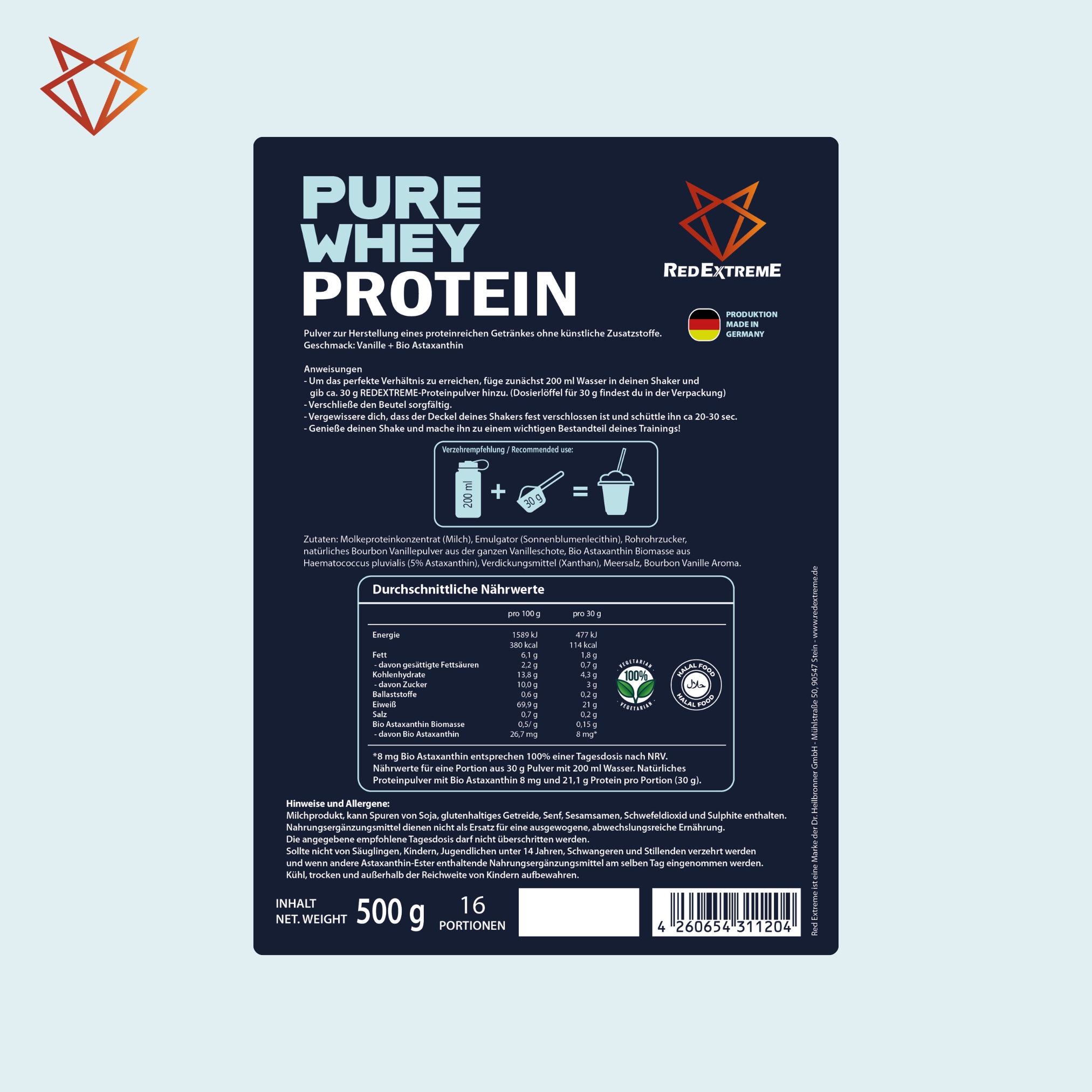 Whey Protein Pulver 2x500g-Vanille-mit Astaxanthin
